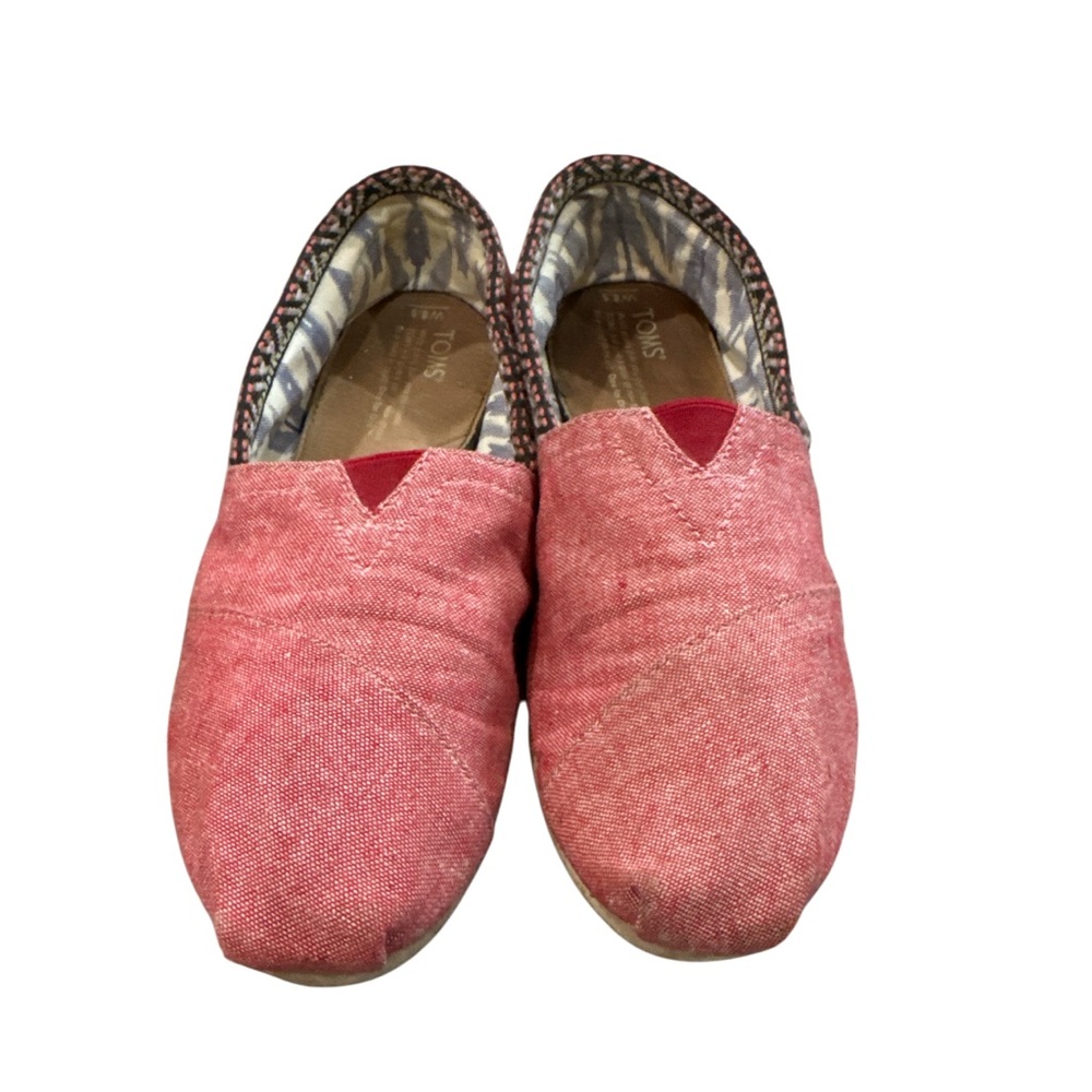 Toms Classics Red Chambray Trim Womens Slip On Casual Canvas Flat Shoes Size 8.5